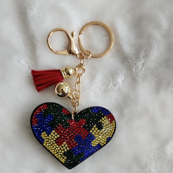 Autism Heart Keychain with Gold Accents Bag Charm - Picture 1 of 3